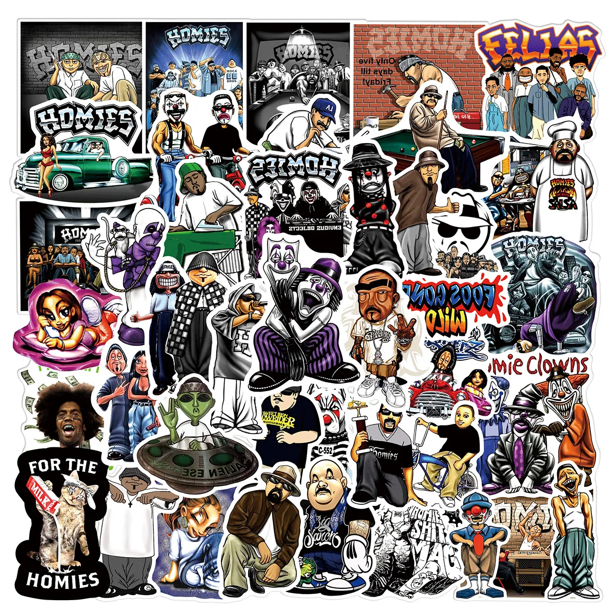 Homies Stickers, 50PCs, Cool Aesthetic Vinyl Chicano Graffiti Hip Hop Bro DIY Sticker Phone Guitar Laptop Waterproof Sticker