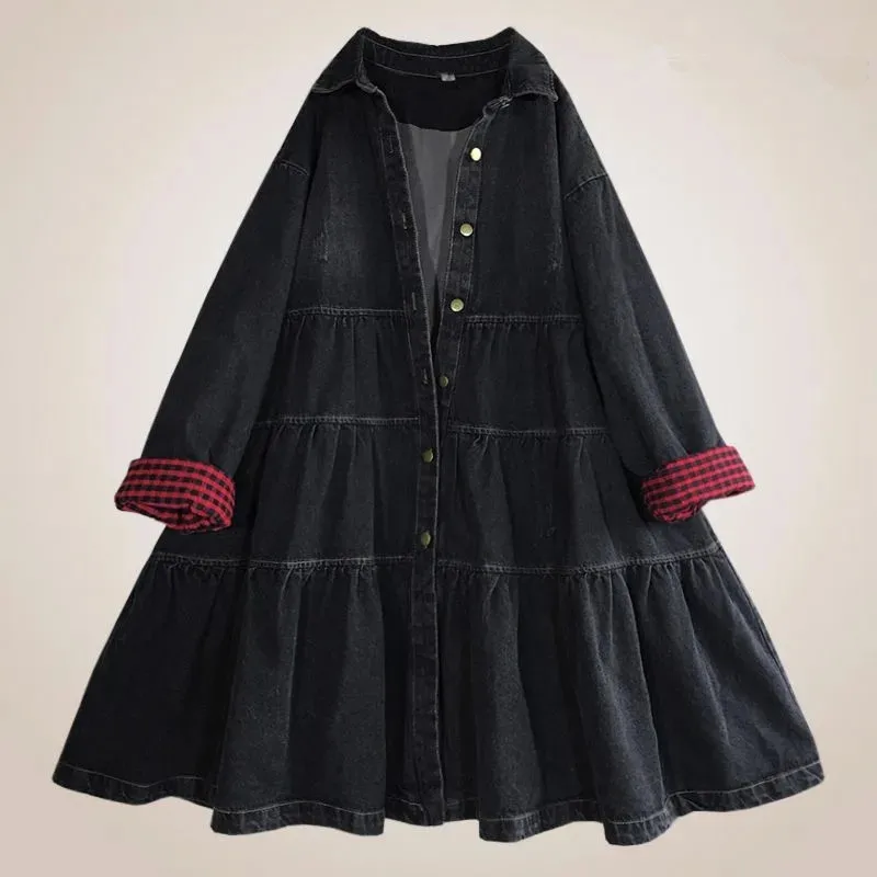 Temperament spring and autumn new Korean Mid-Length denim trench coat women loose Contrast color Windbreaker coat female R559