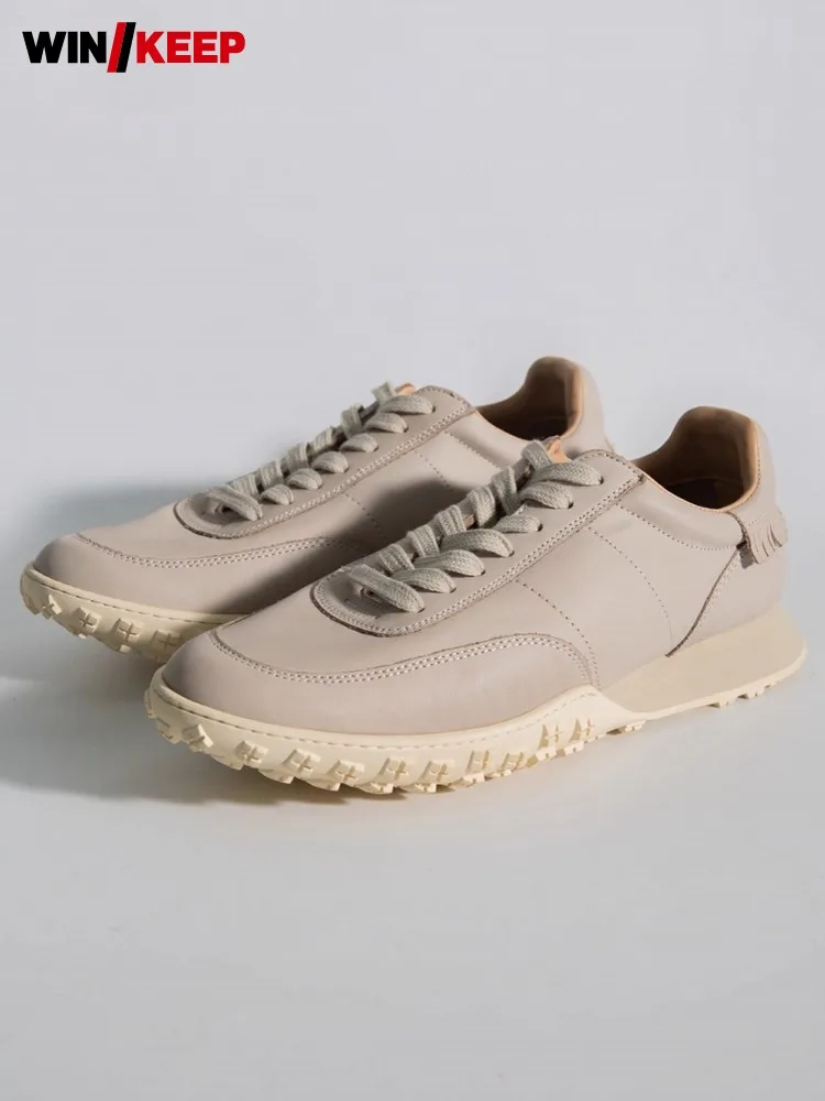 Mens Outdoor Cowhide Genuine Leather Sports Shoes Antiskid Platform Athlete Running Shoes Low Cut Lace Up Jogging Training Shoes
