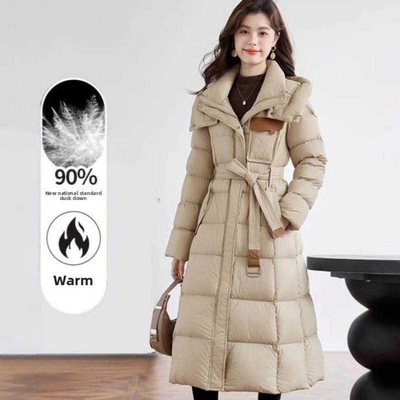 2025 여성용 다운 재킷 신상 가을 겨울 코트 후드 롱패딩 벨트 여성용 두꺼운 따뜻한 루즈핏 다운 파카 아우터
