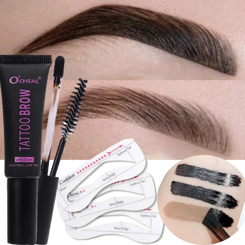 Peel Off Dye Eyebrow Gel Set Semi-Permanent Lasting Eyebrow Tattoo Tint Waterproof Tearing Off Brow Cream with Brow Cards Brush