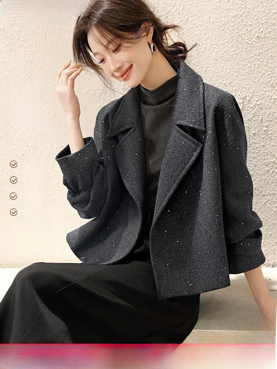 

Modern Simple Silver iny Texture Fce Outerwear Coat with Stand Collar for Women Autumn Season Polyester Fiber ort Coat