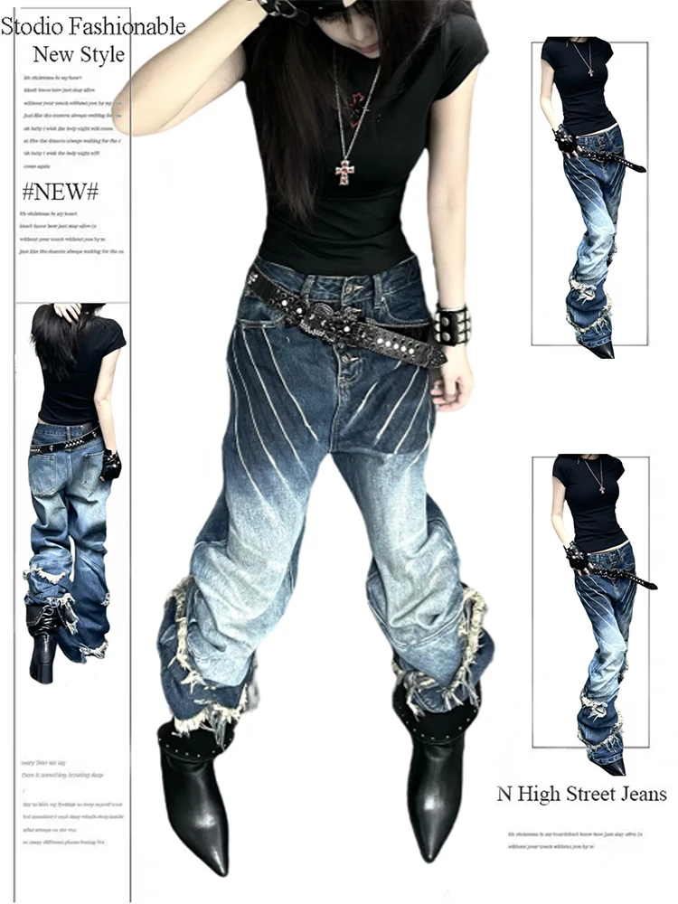 

Осень-зима женские джинсы Goblin Core Harajuku Jean японский Abi Y2K уличная одежда джинсовые брюки с кисточками гранж киберпанк темная академия