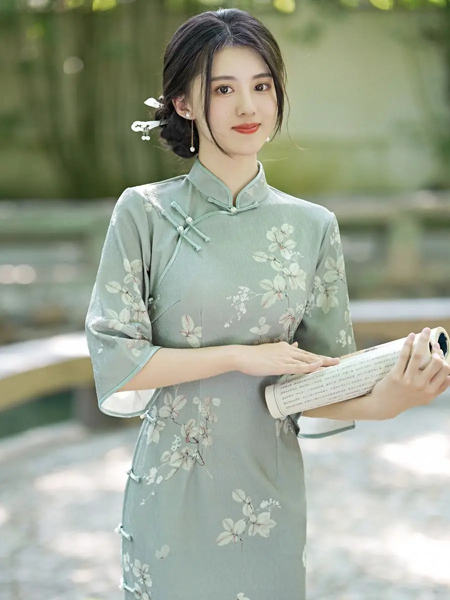 New Summer Vintage Elegant Cheongsam Chinese Traditional Qipao Mid Sleeve Dress for Women Clothing