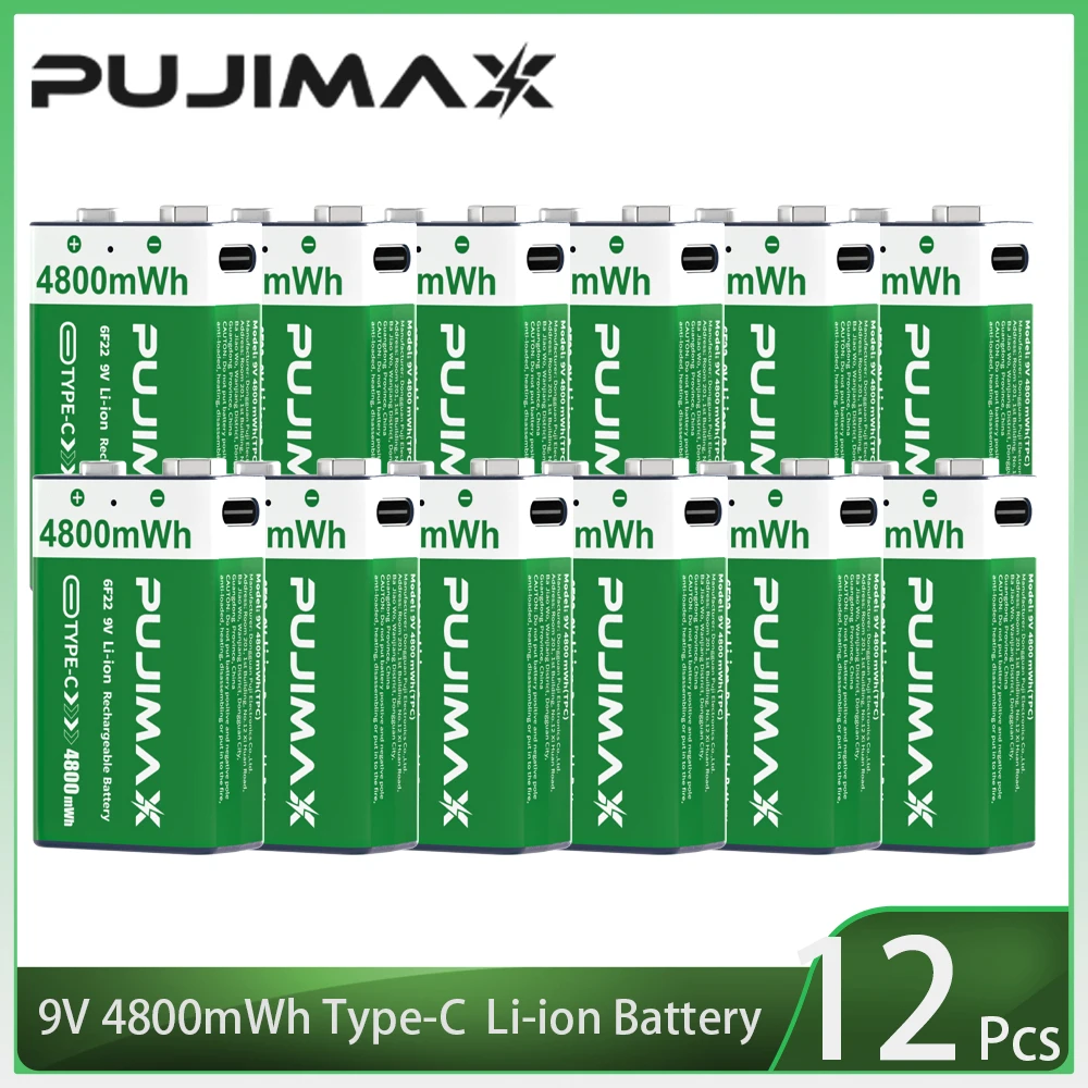 PUJIMAX USB 9V Oplaadbare Batterij 4800mWh Type-C Oplaadbare 6F22 9V Li-ion Batterij voor RC Helicopeter Model Multimeter Speelgoed