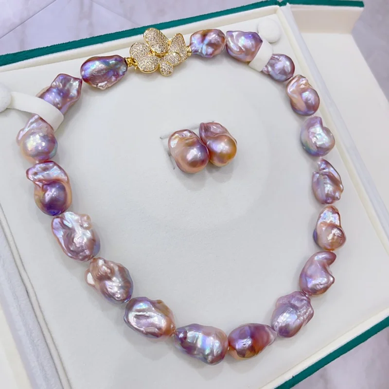 SGARIT 925 Sterling Silver Earrings  Natural Purple Pearl Necklace Colorful Baroque Chain Sweater Choker Chain Accessories view 3