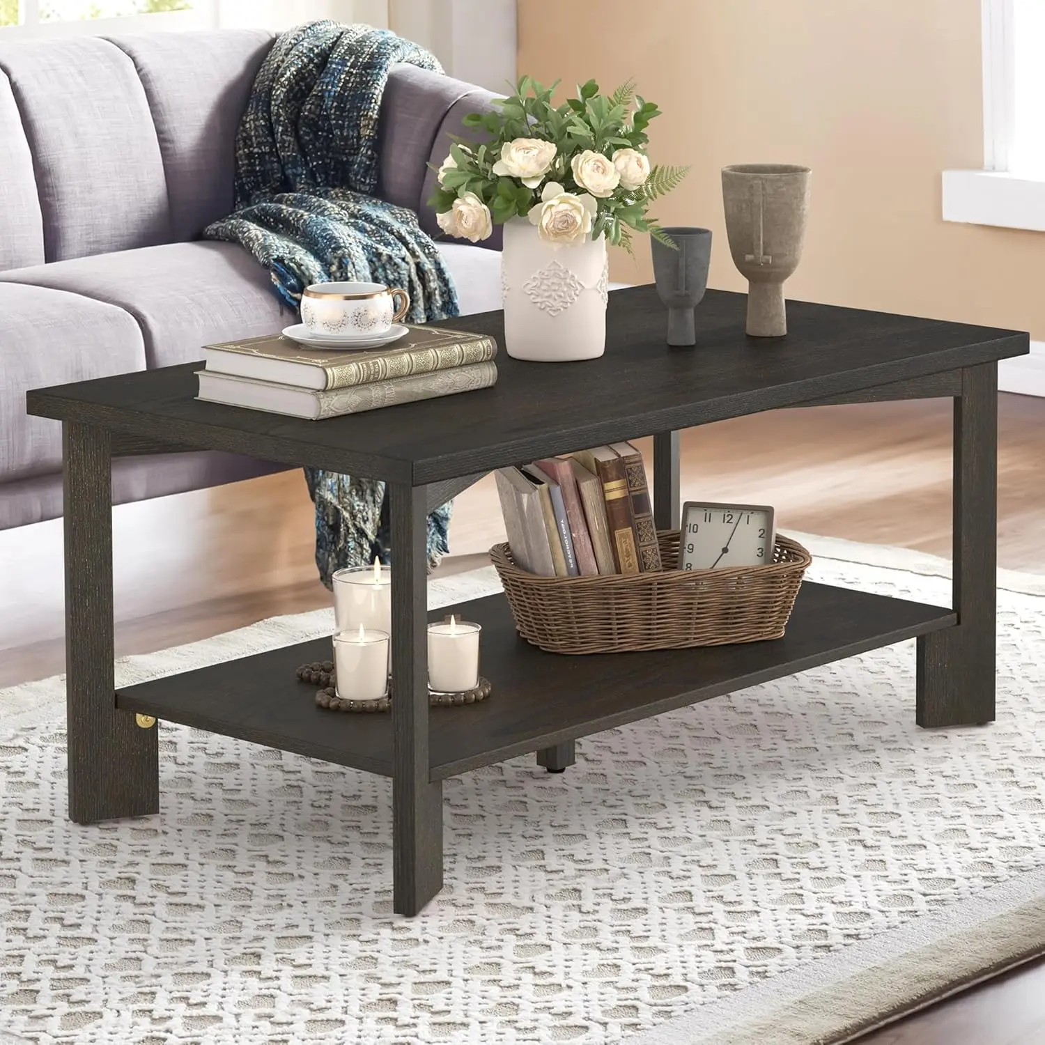39 Inch Coffee Table,Wood Rectangle Modern Center Table With 2-Tier Storage Shelf For Living Room,Dark Brown