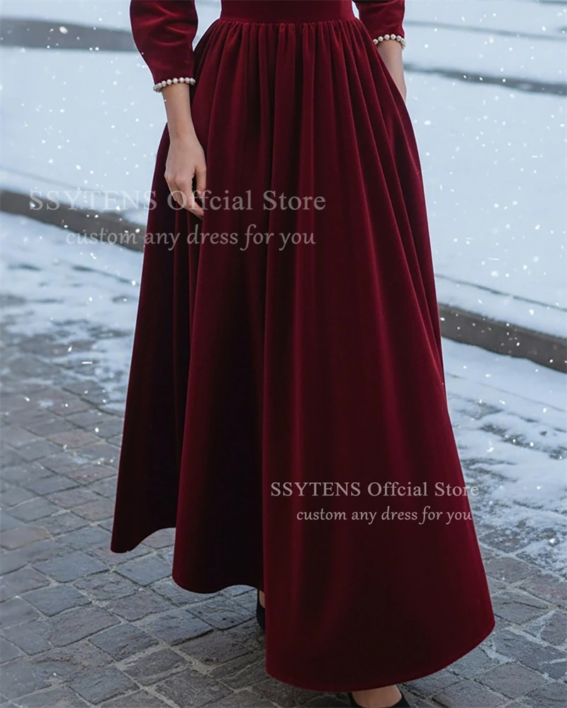 SSYTENS Burgundy Velvet Prom Dresses Square Collar Pearls Wedding Party Dress Charming Christmas Formal Prom Gowns Customized