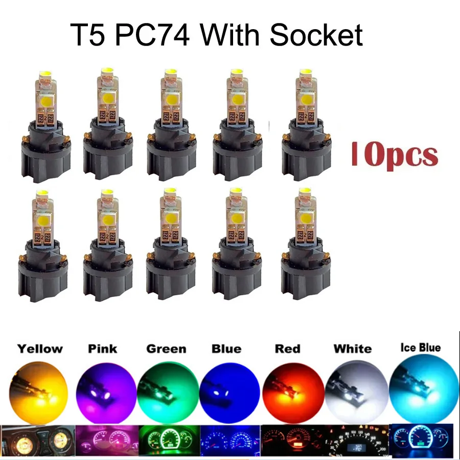 10 Uds B8.5 B8.5D 3528 Led 3 SMD T5 PC74 lámpara LED calibre Speedo tablero bombilla de luz 12v azul rojo verde blanco luces de instrumentos