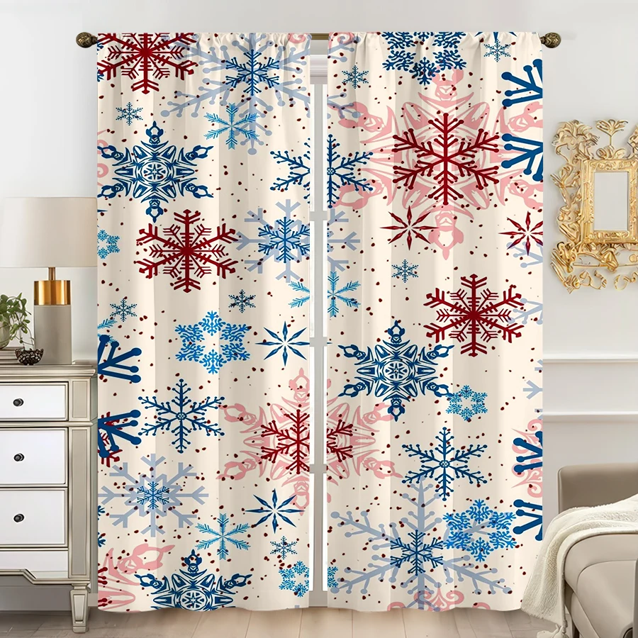 2PCS Digital Print Curtain, Red Blue Snowflakes Pattern on Cream Background, Vintage Nordic Winter Christmas, for Bedroom Decor