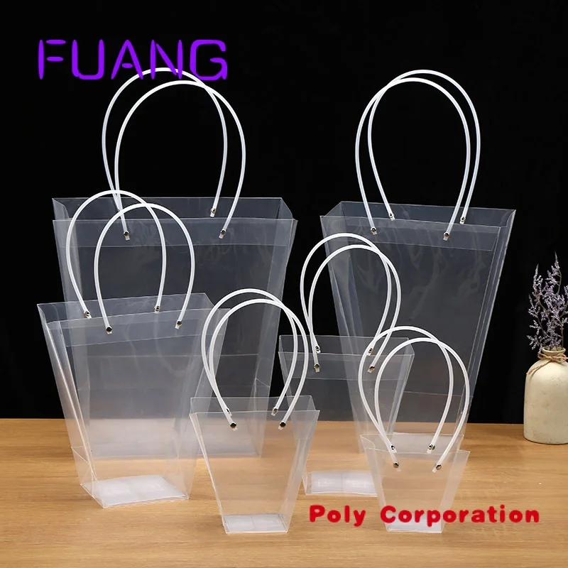 

Custom Customized Transparent Trapezoid PP Bag Plastic Clear Flower Packing Bag With Handle