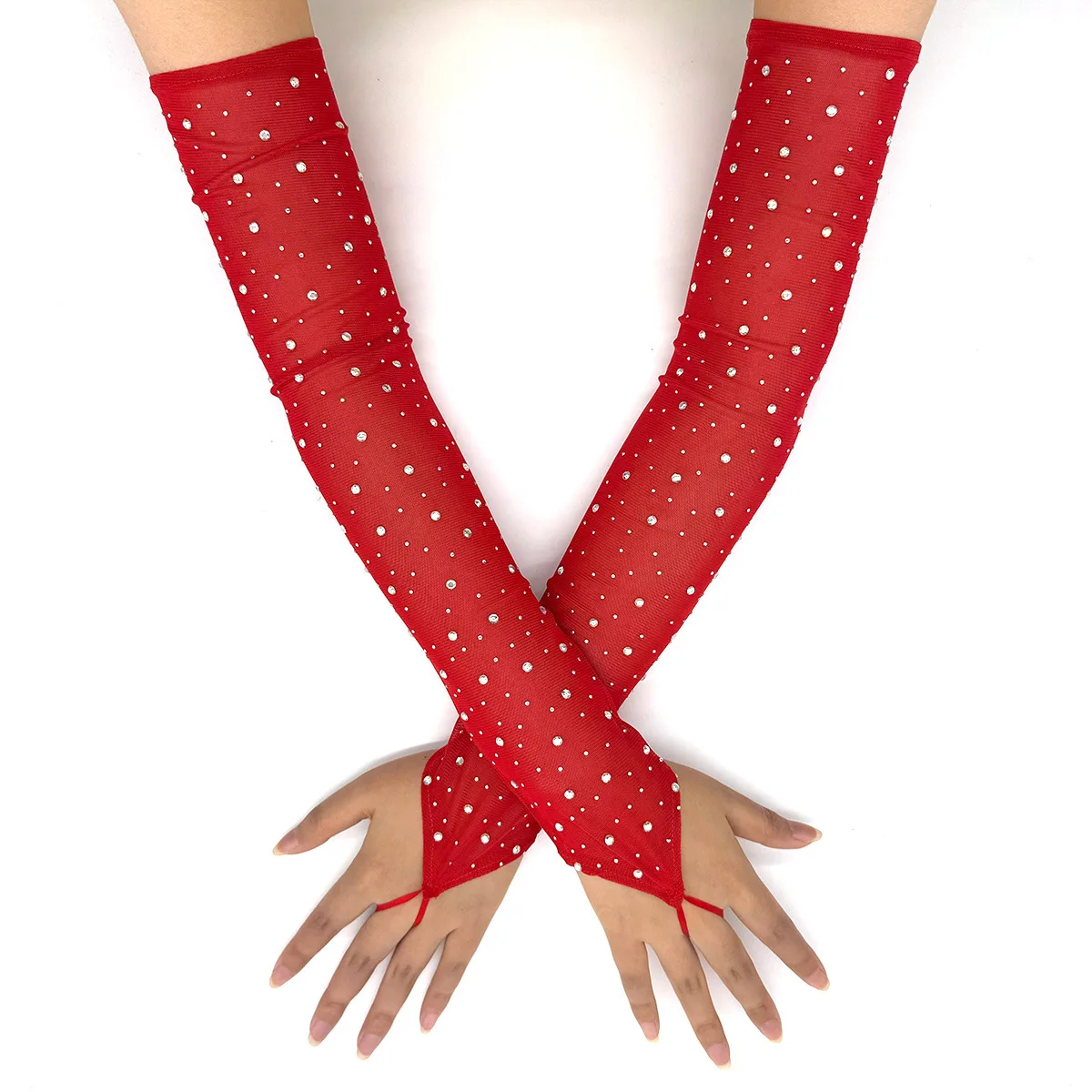 

49CM Women Fashion Electronic Music Festival Sexy Mesh Shiny Hook Finger Gloves Elasticity Thin Cosplay Stage Performance