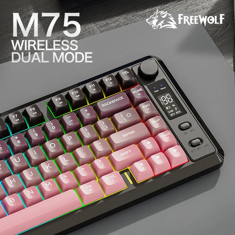 무선 스크린 키보드 FREEWOLF M75, 금속 손잡이, RGB, PC, 노트북, 작업에 적합한 Bluetooth 듀얼 모드 다기능