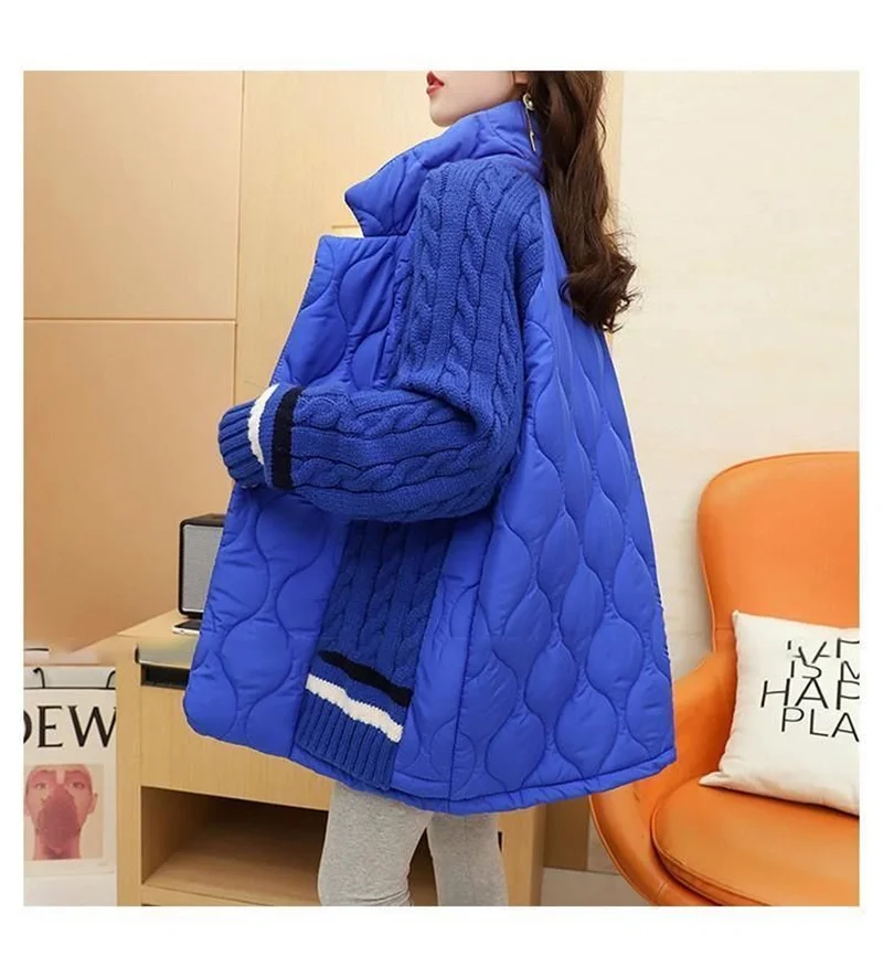 Lockeres Temperament und Abnehmen 2025, neue kleine blaue Baumwolljacke, gespleißter Pullover für dicke Oberbekleidung für Damen im Herbst und Winter