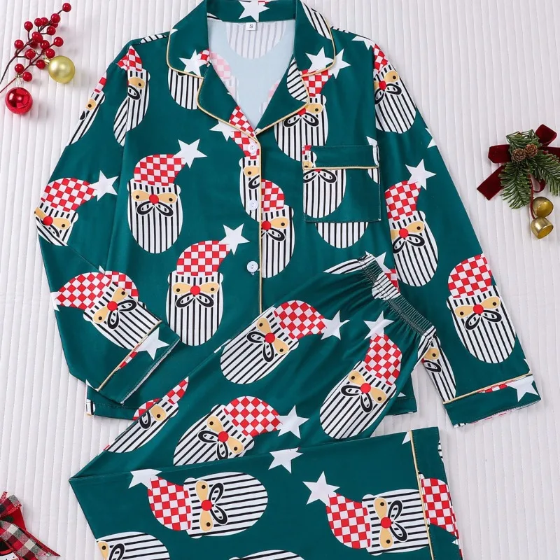 Spring and Autumn Pajamas Printed Casual Comfortable Loungewear Girls Long Sleeve Trousers Lapel Set New Cross-border Underwear