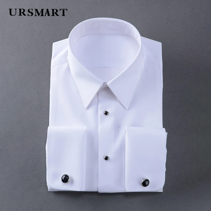 White evening dress square neck men\'s long sleeved shirt banquet party wedding dress 100% cotton French shirt for men