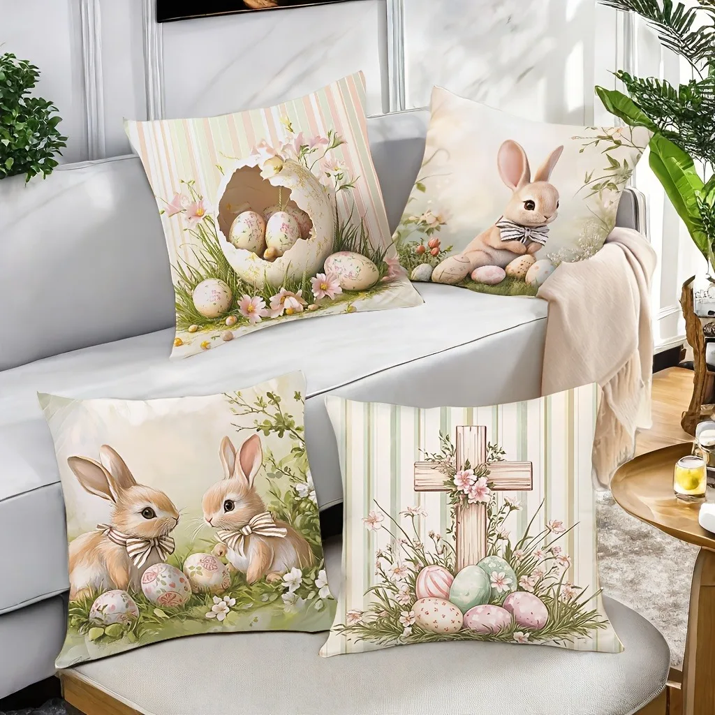 Housse de coussin décorative joyeux pâques, imprimé croix de lapin et d'œuf, douce et confortable, décoration de chambre à coucher, pour canapé