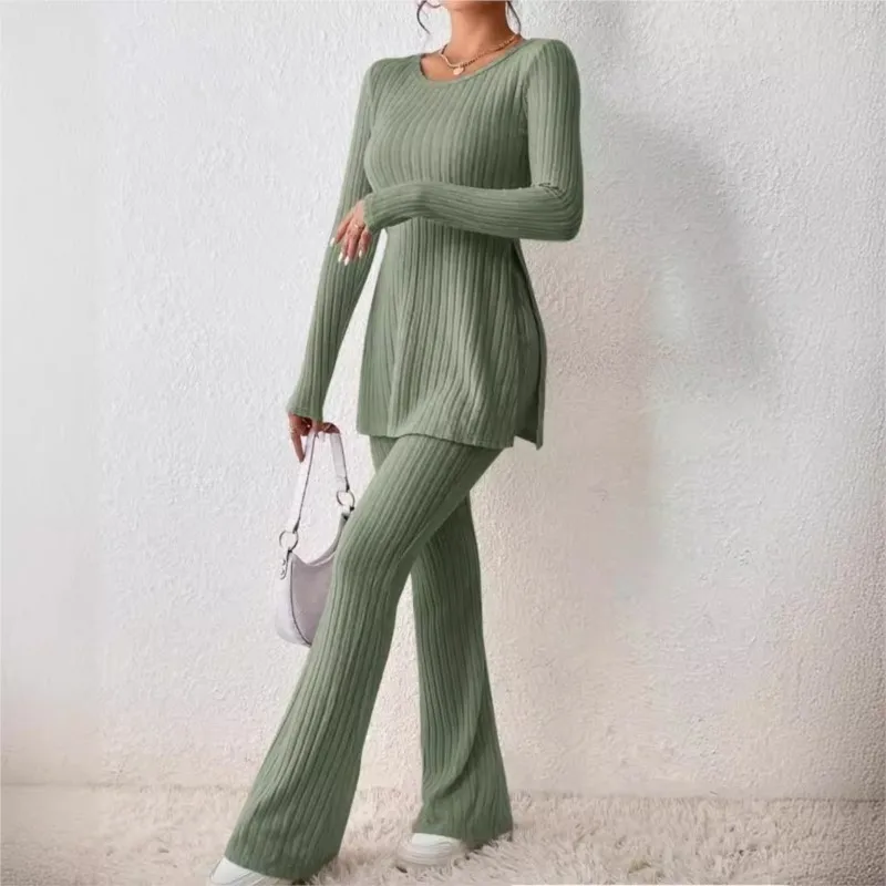 Autumn Winter Women\'s Clothing New Style Solid Color Sexy Casual Long Sleeved Round Neck Slit Fashion Temperament Two-piece Set