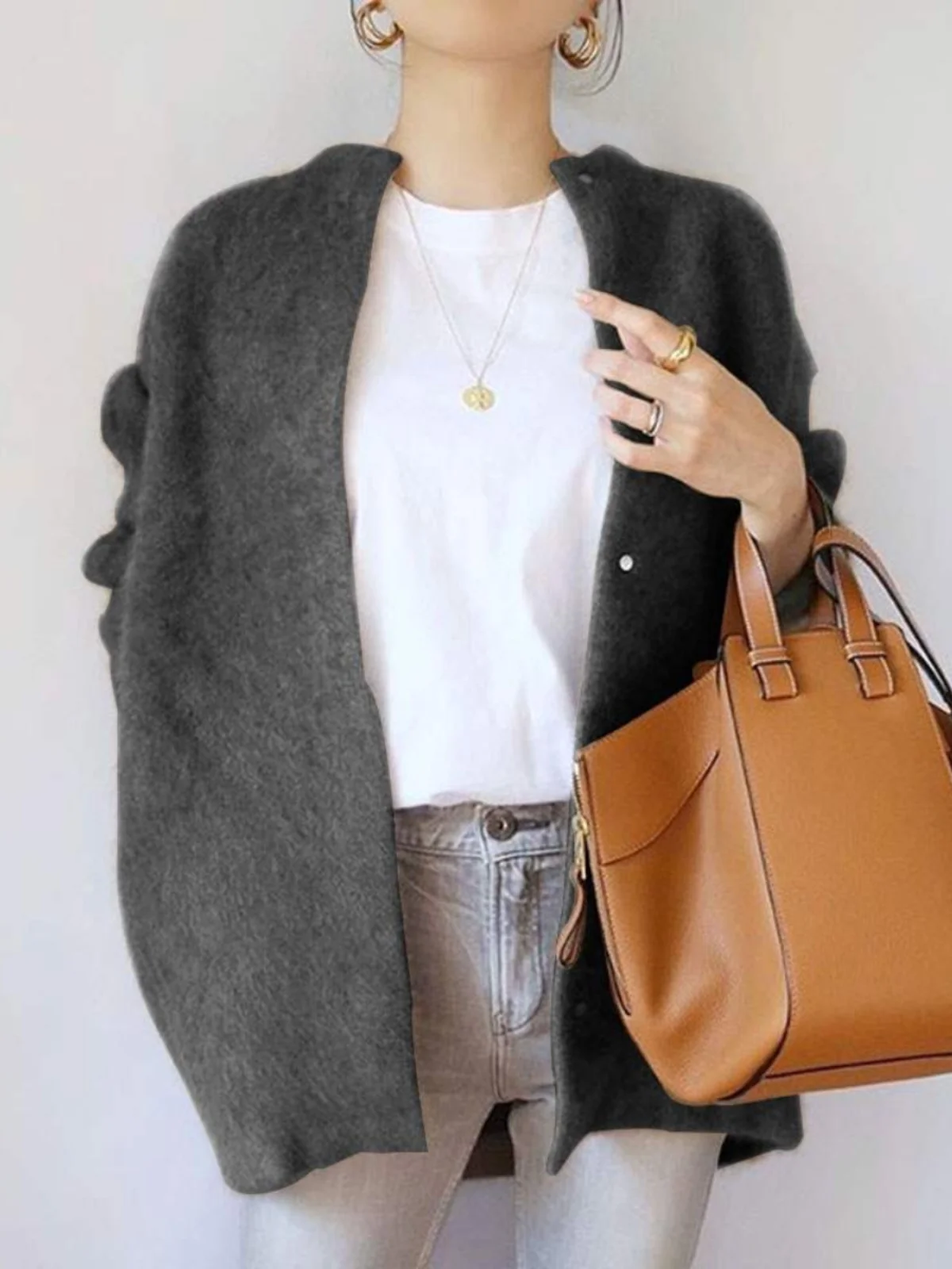

Loose Long Sve Knitted Cardigan Women's Faux Fur Vest Korean Sle Pure Color Commute Faion Button Design Regular Length