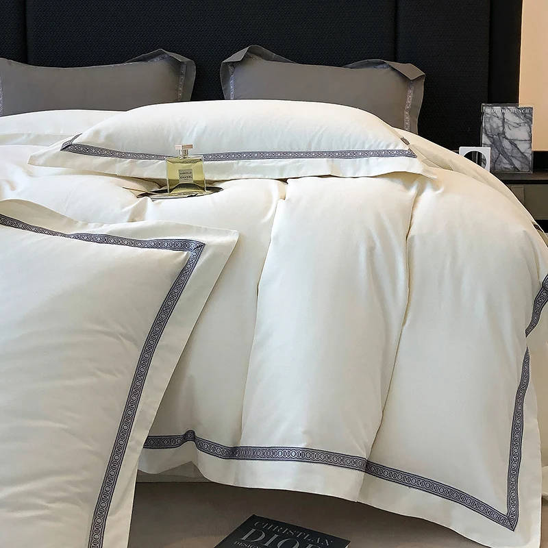 

100% Cotton Thickened Brushed Fabric Simple Embroidery Bedding set Hotel Style Duvet Cover Flat/Fitted Sheet Pillowcases 4Pcs