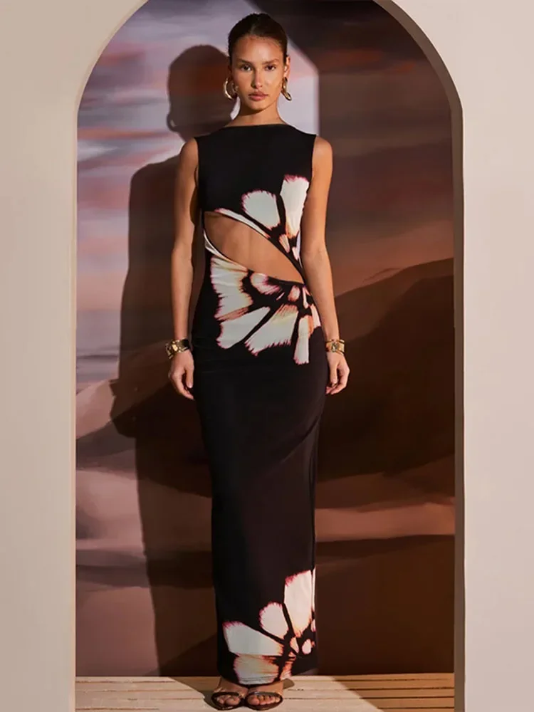 

2024 HOT Hollow Out Printed Sleeveless Maxi Dress Women's Summer Fashion Slim High Waist Sexy Elegant Female Bodycon Long Dress