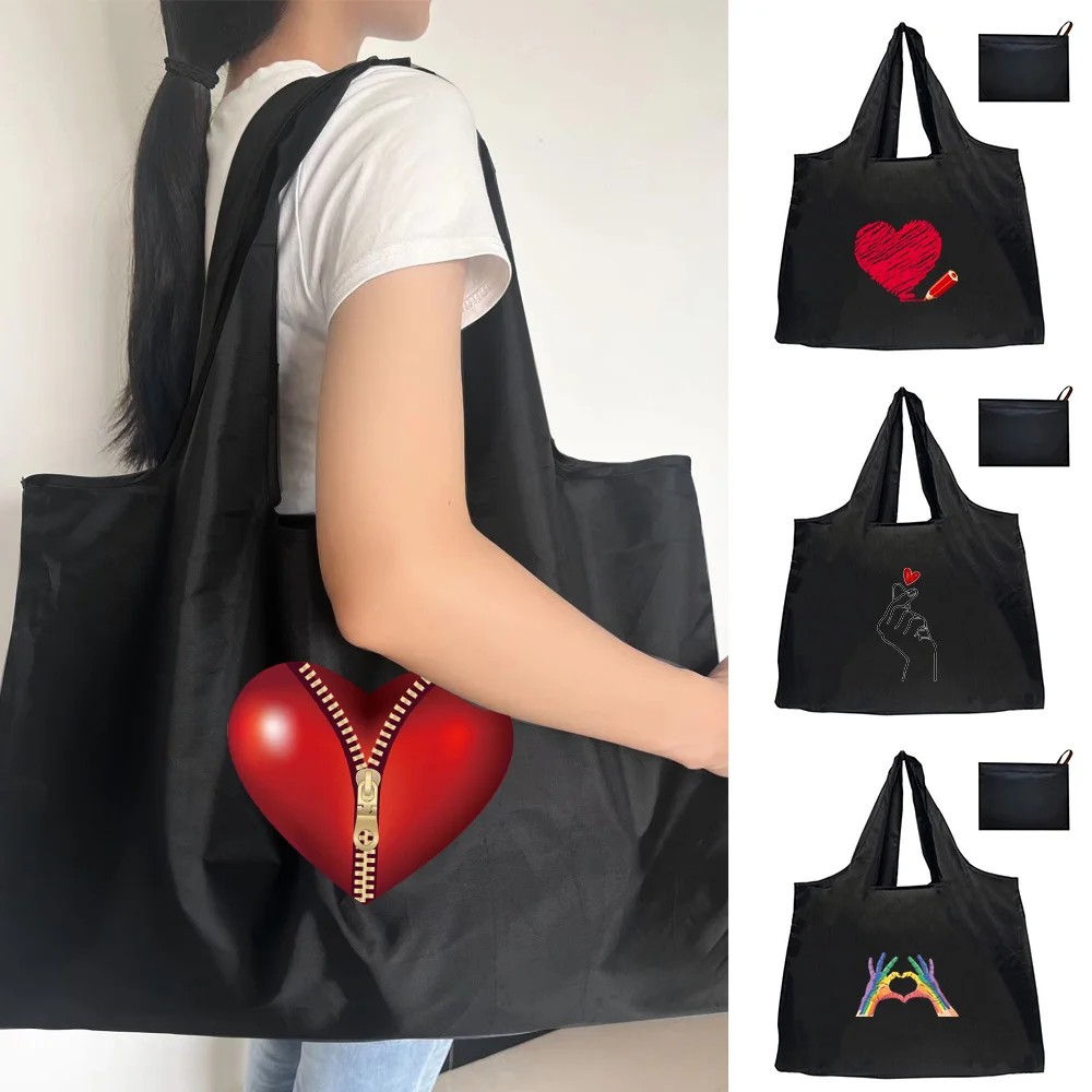 

Shopping Folding Pouch Handbags Picnic Storage Bag Large-Capacity for Travel Grocery Tote Beach Bag Love Themed Printing 2026