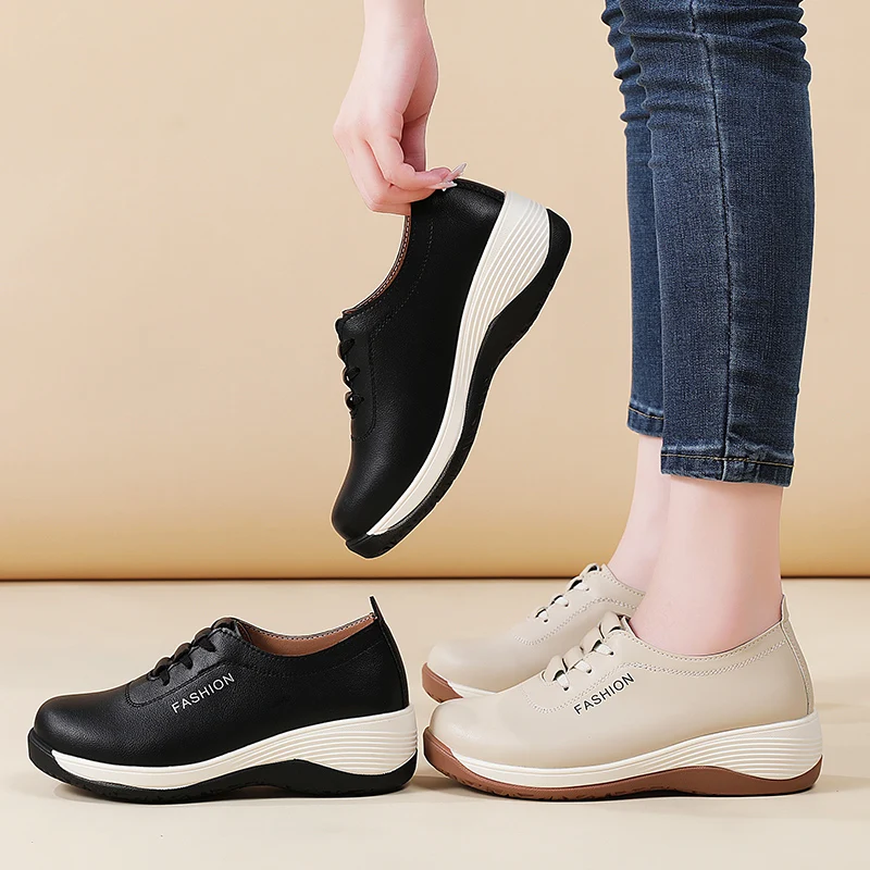 أحذية المشي الجديدة للربيع والصيف للنساء، أحذية جلدية غير رسمية بكعب منخفض 100%، أحذية فردية #4