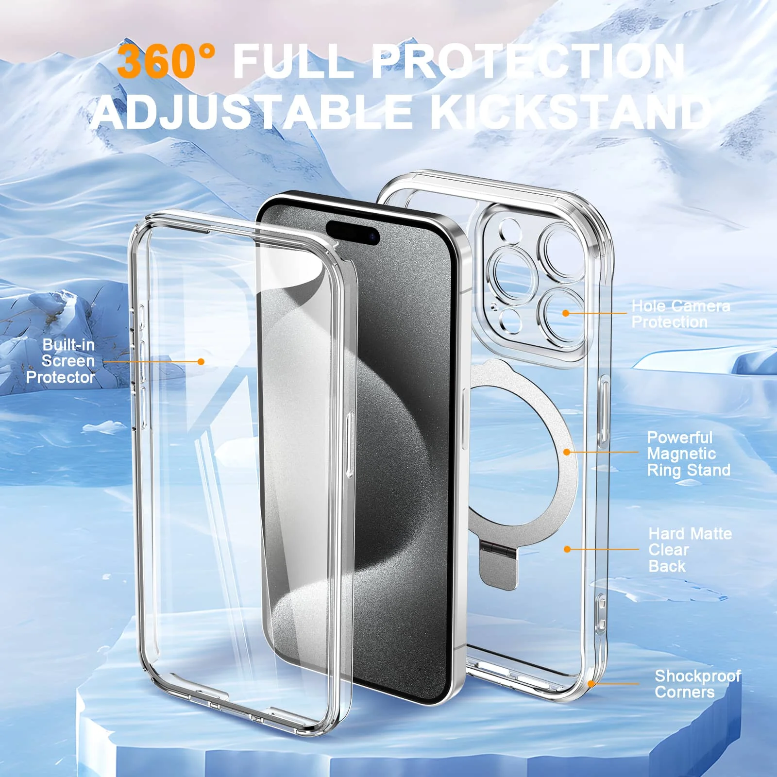 Case for iPhone 16/15/14/13 Pro Max 16 15 14 Plus, Built-in PET Screen Protector with Ring Holder Kickstand, Full Body Cover