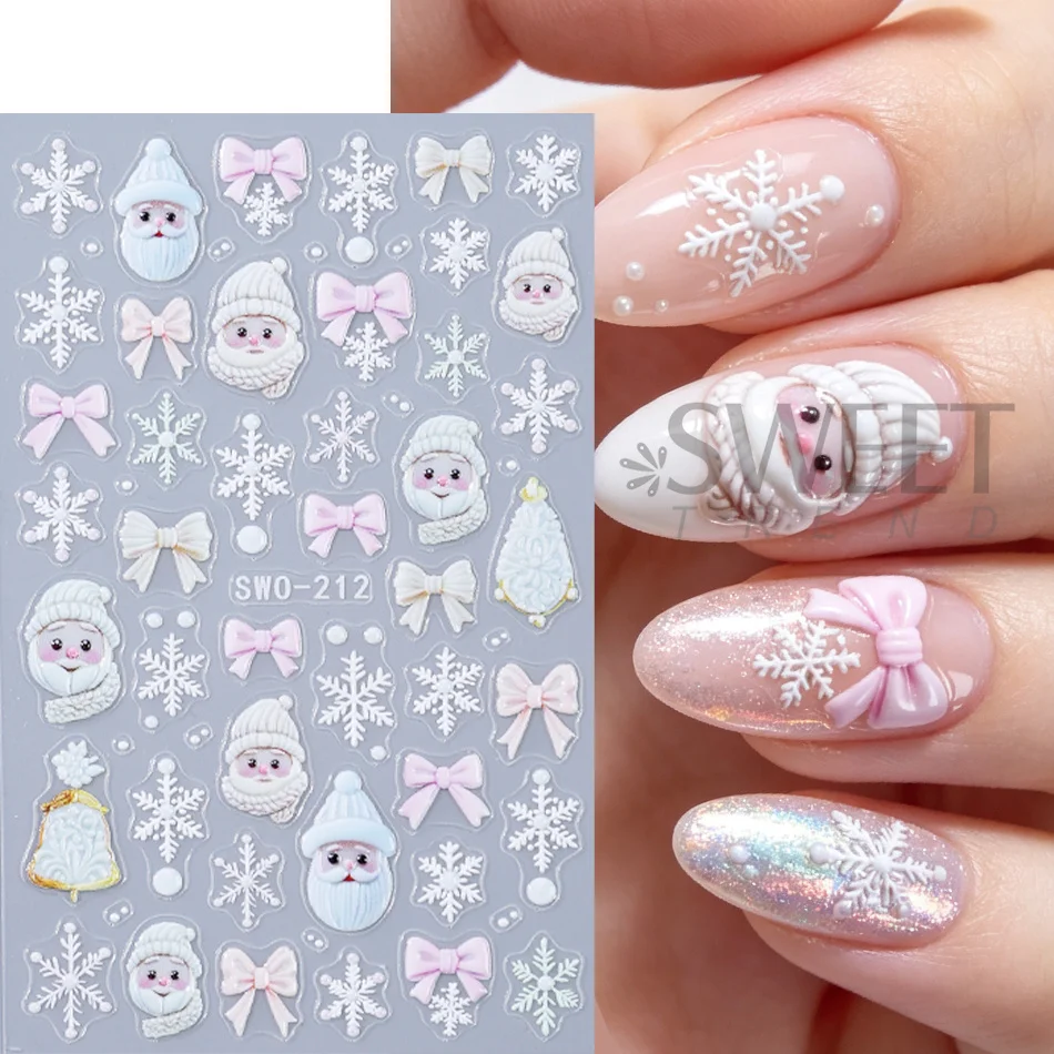 2pcs Embossed Christmas Nail Stickers Kawaii Cartoon Santa Claus Bow Snowflake Xmas Tree Self Adhesive Nail Decals DIY Manicure