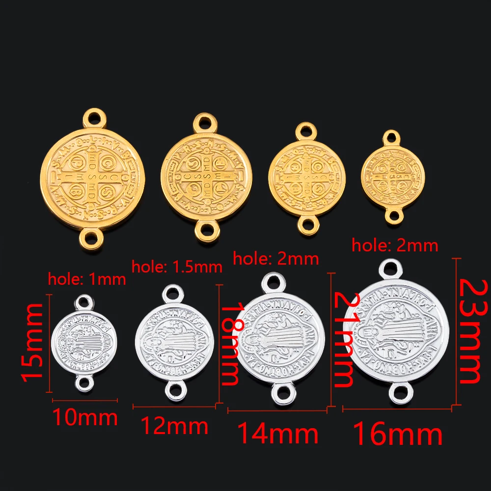 Ciondolo rotondo a doppio foro con croce in acciaio inossidabile da 5 pezzi per collana fai da te, connettore per bracciale, accessori per la creazione di gioielli religiosi