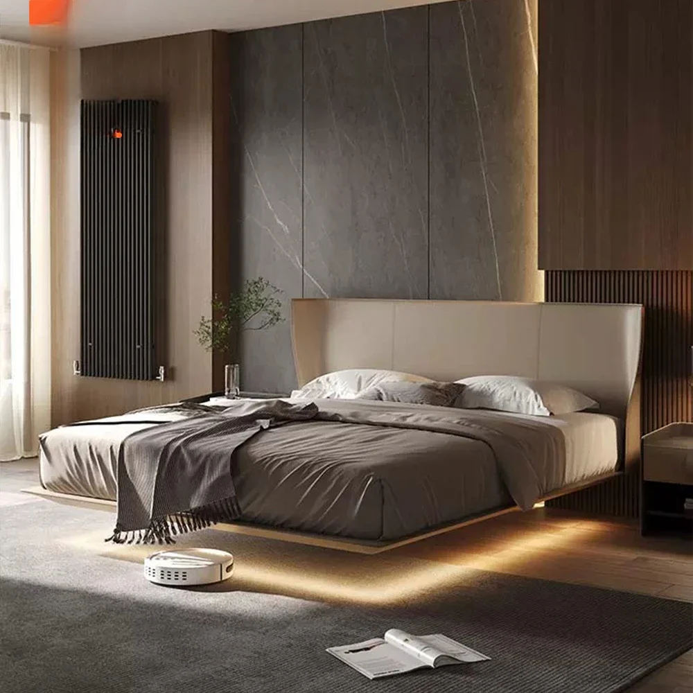 

Italian minimalist style suspension bed, light luxury saddle leather bed, ultra-thin modern simple master bedroom, high-end