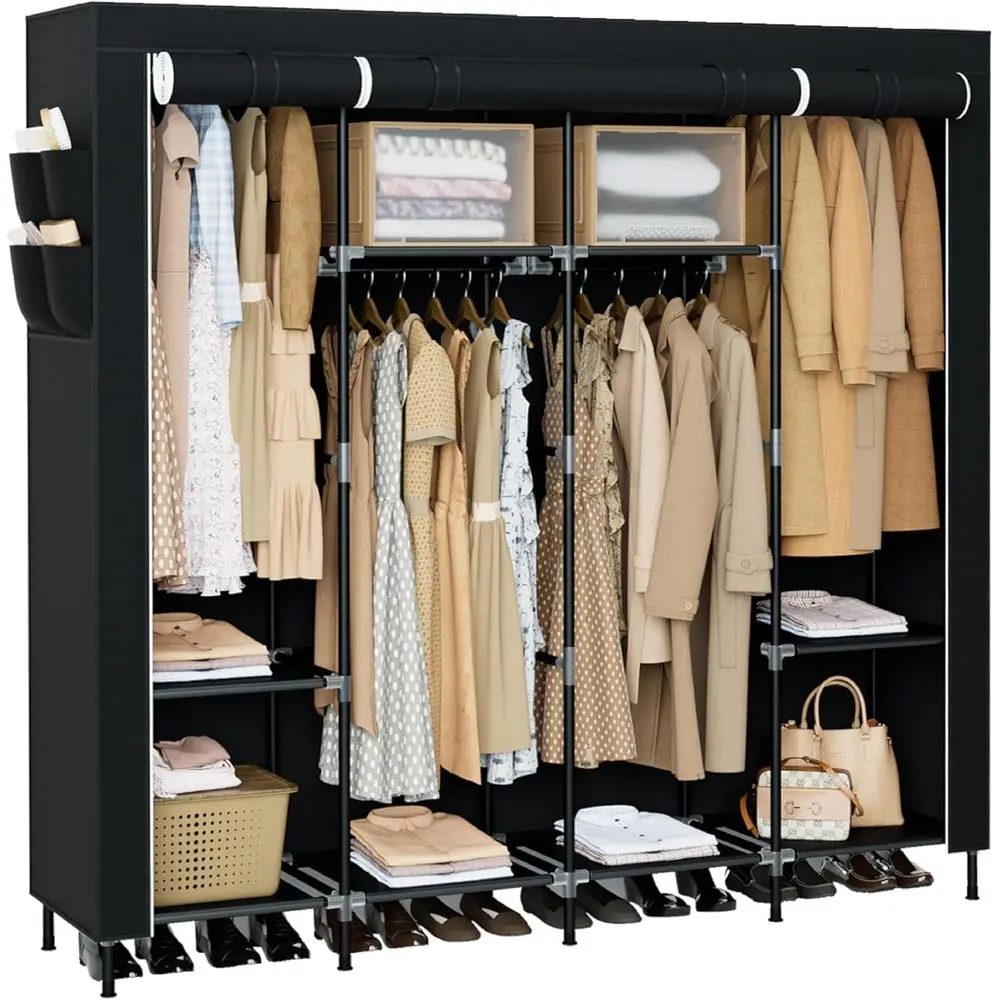 

Portable Closet, 66.9 Inch Large acity Wardrobe Closet with Cover, Clothes Storage Organizer with Shelves and 4 Hanging Rods, Ea