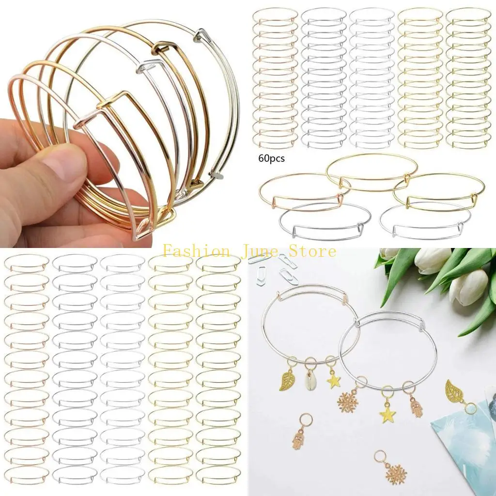 N5KA 60 Pcs DIY Expandable Bangle Bracelets Adjustable Wire Bracelets Blank Beading Pendants Bangles for DIY Jewelry Making
