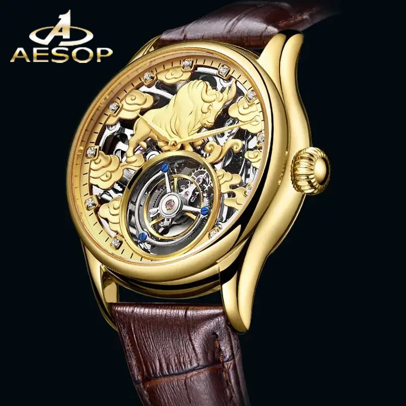 

AESOP 100% Real Tourbillon Skeleton Watch For Men Top Brand Luxury Mechanical Watches Waterproof Wristwatches 2023 Zodiac Cattle