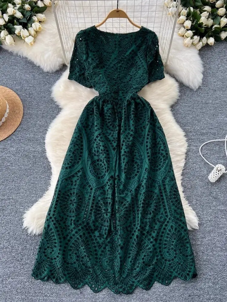 French Elegant Dark Green Embroidery Dress Women V Neck Puff Sleeve Hollow Out Buttons Vintage Cotton Long Party Vestidos