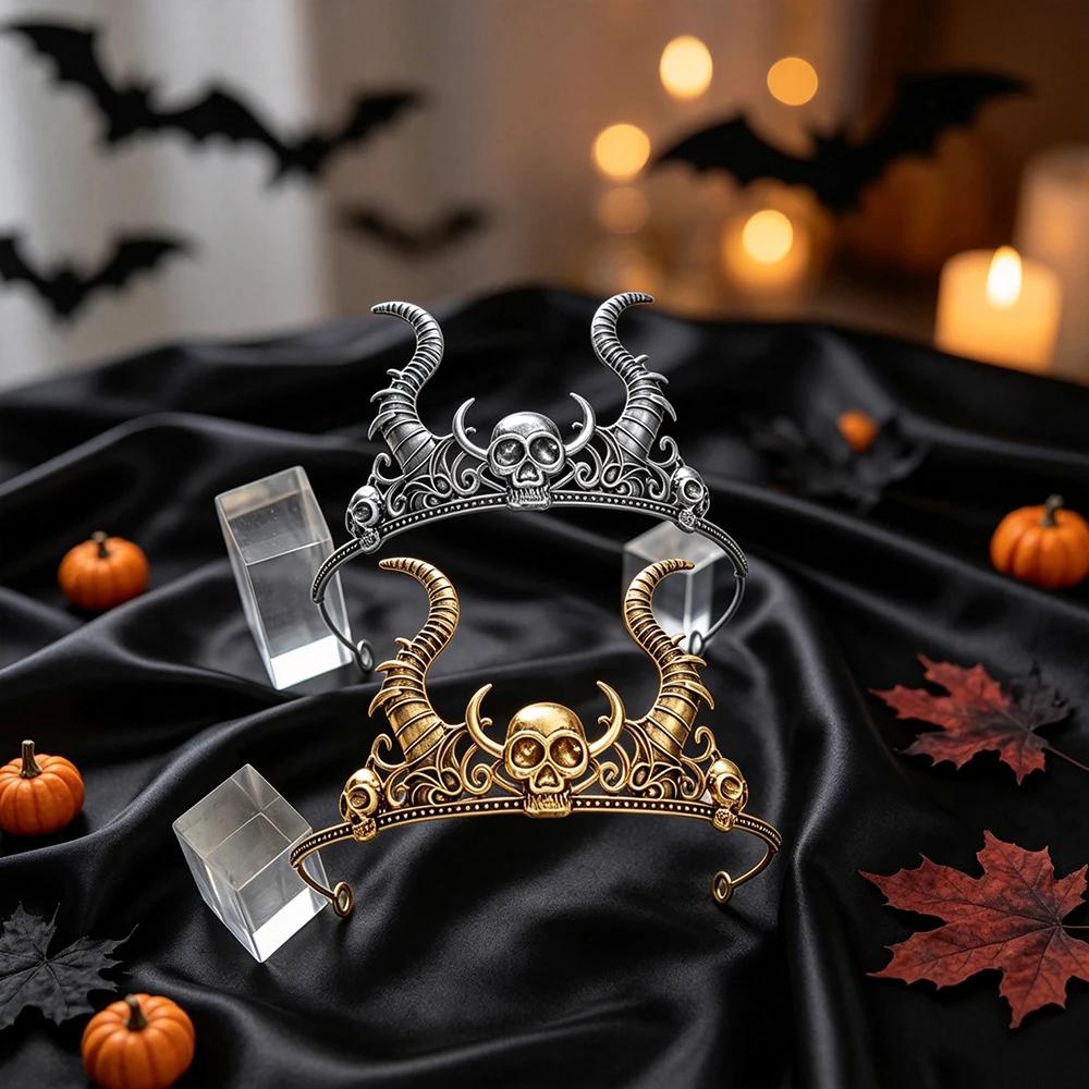 Halloween Niche Design Demon Horn Skull Antique Gold Silver Dual Color Crown Gothic Party Role‑Playing Dance Dress Up Headwear