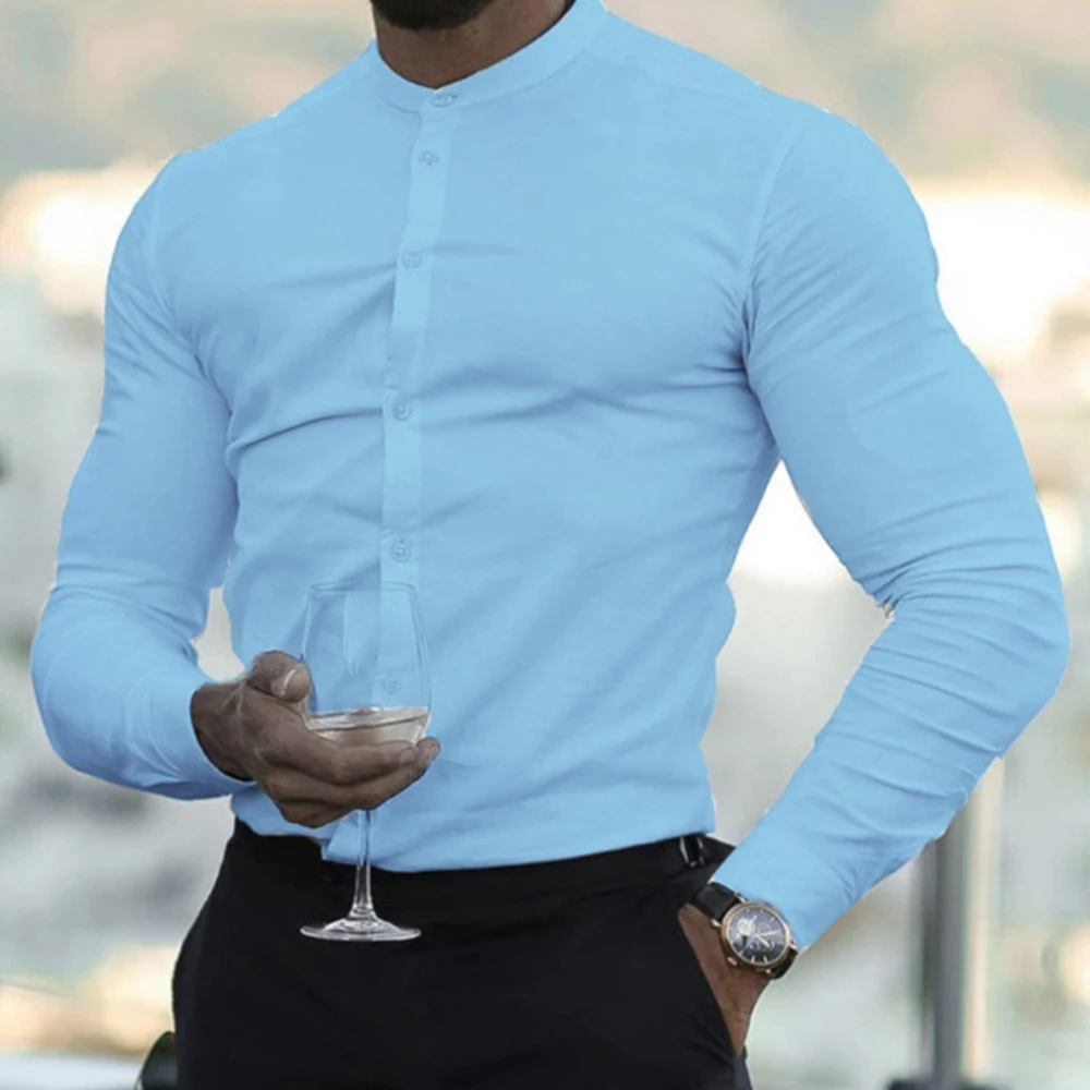 New Men Fashion Social Business Dress Shirt Solid Slim Fit Stretch Long Sleeve Casual Button Down Blouse Men Fitness Sports Top