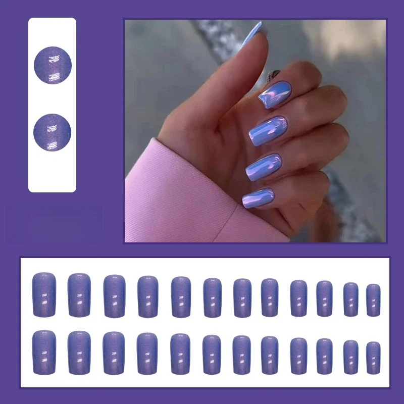 

24Ps/Set Cool Gentle Purple Blue Aurora Press on Nails Medium European Square Fashion Wearing False Nails Simple Fake Nails Tips