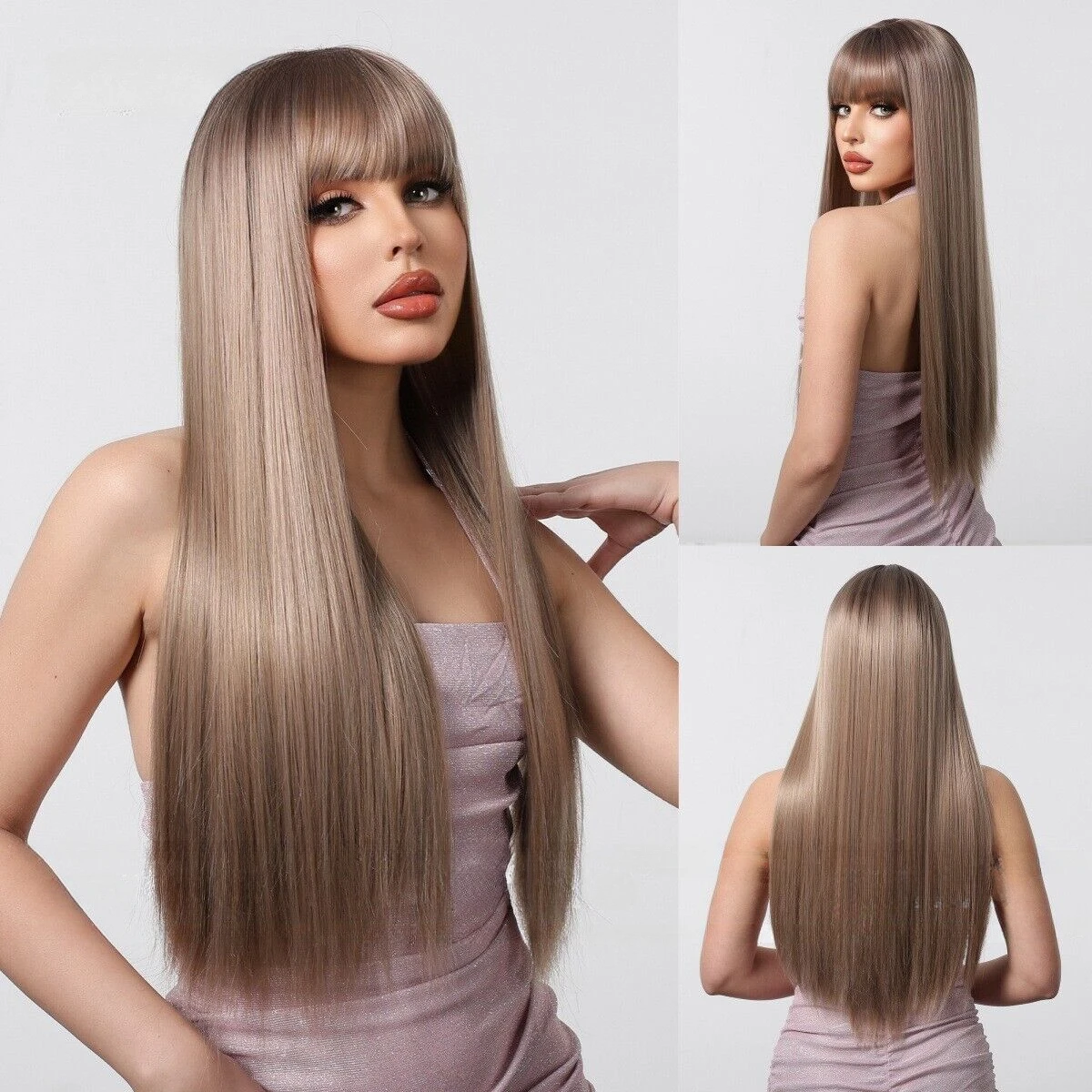 

Women's with bangs Champagne brown long straight hair 28 "synthetic wig