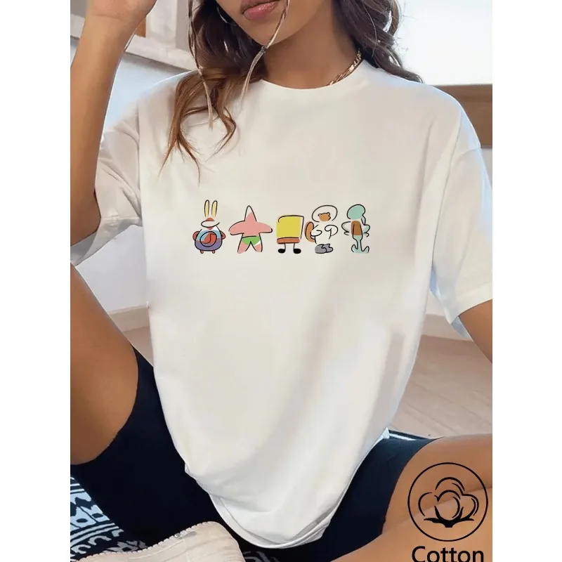 Simple Cartoon SpongeBob SquarePants Full Silhouette Short Sleeved T-shirt for Summer, Loose and Versatile White Pure Cotton Top