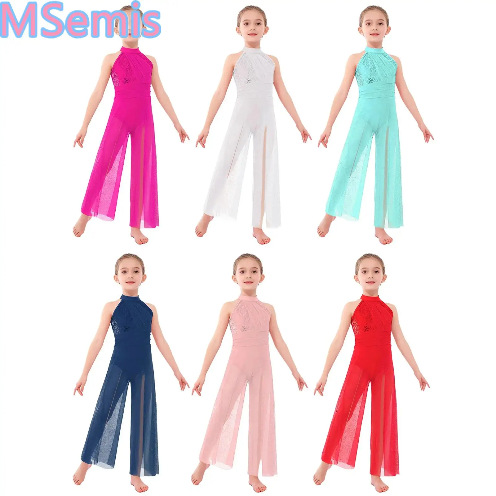 

Kids Girls Dance Jumpsuit Sleeveless Mock Neck Crisscross Back Shiny Sequins Shimmery Mesh Split Wide-Leg Lyrical Bodysuit