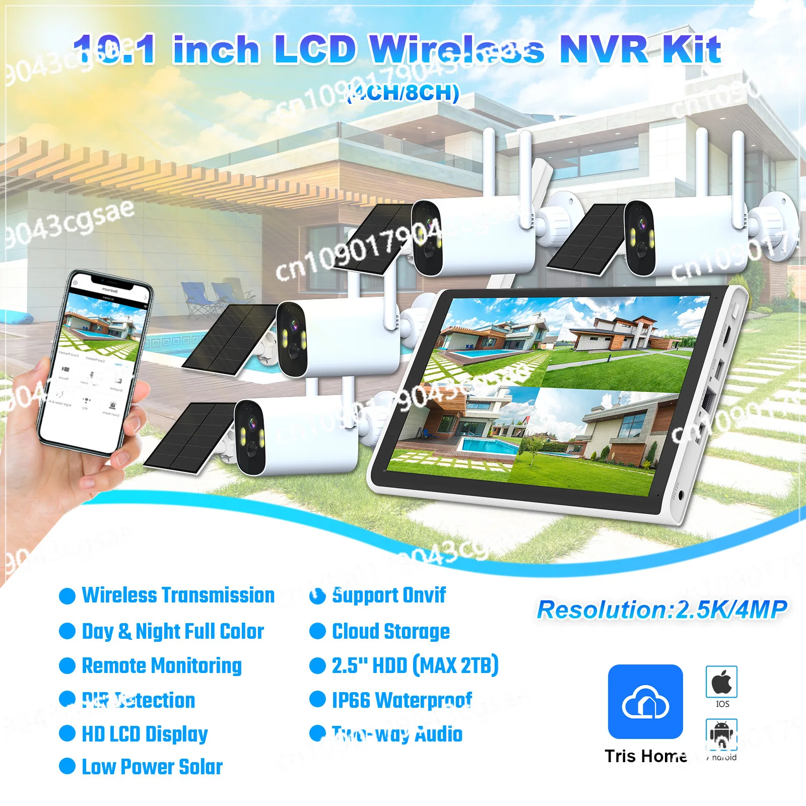 10-inch Screen NVR Monitoring Set PIR Humanoid Detection Outdoor Solar Low-power Package Factory Wholesale