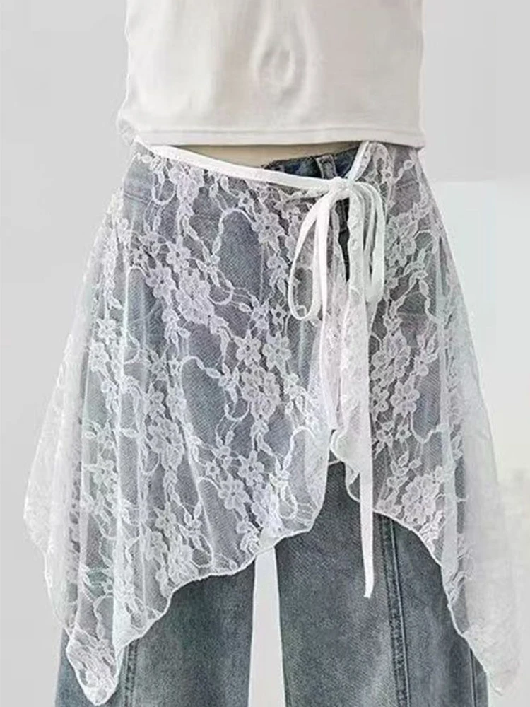 French Lace Up Short Fart Curtain Skirt Lace Apron Skirt Irregular Layered Wrap Skirt Bandage Hip Covering Casual Outer Skirt