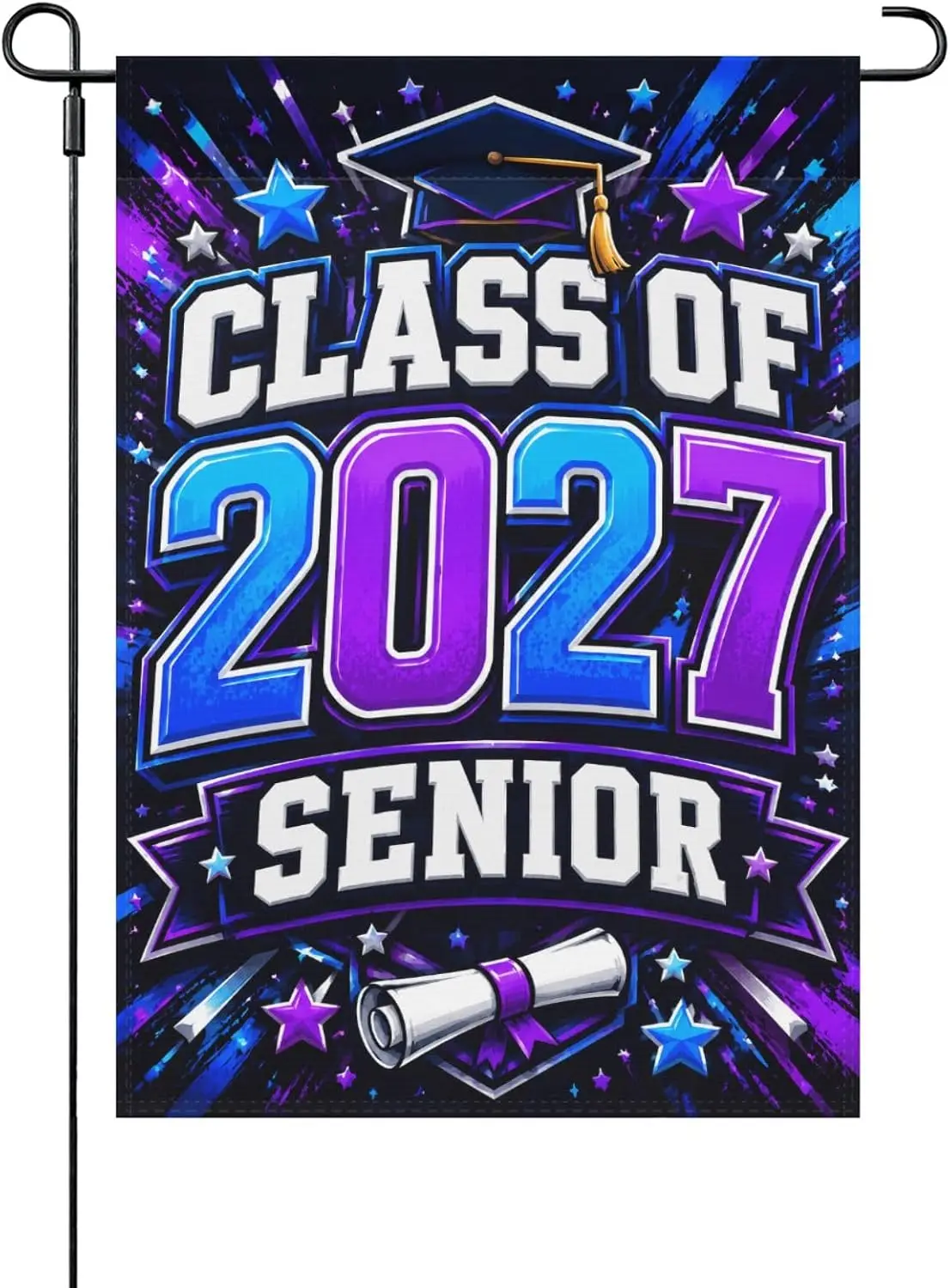 Class of 2027 Senior Graduation Garden Flag - Purple & Blue Starry Yard Decor, Double Sided Burlap (No Pole Included) yyi