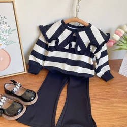 Girls Clothing Sets Autumn Spring Korean Fashion Outfits Striped Lapel Tops + Flared Pants 2Pcs Clothing Sets Girls Casual Suits