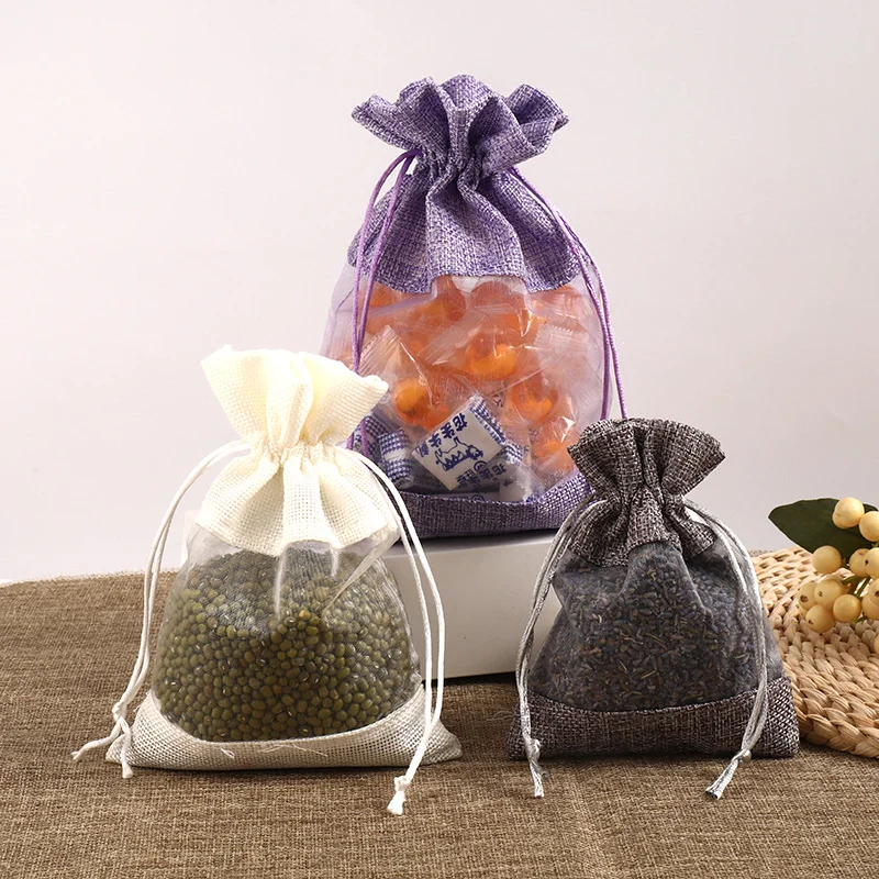 50/100pcs Drawstring Organza Bag Natural Burlap Gift Pouch Combination Flax Jewelry Packaging Wedding Party Candy Bags