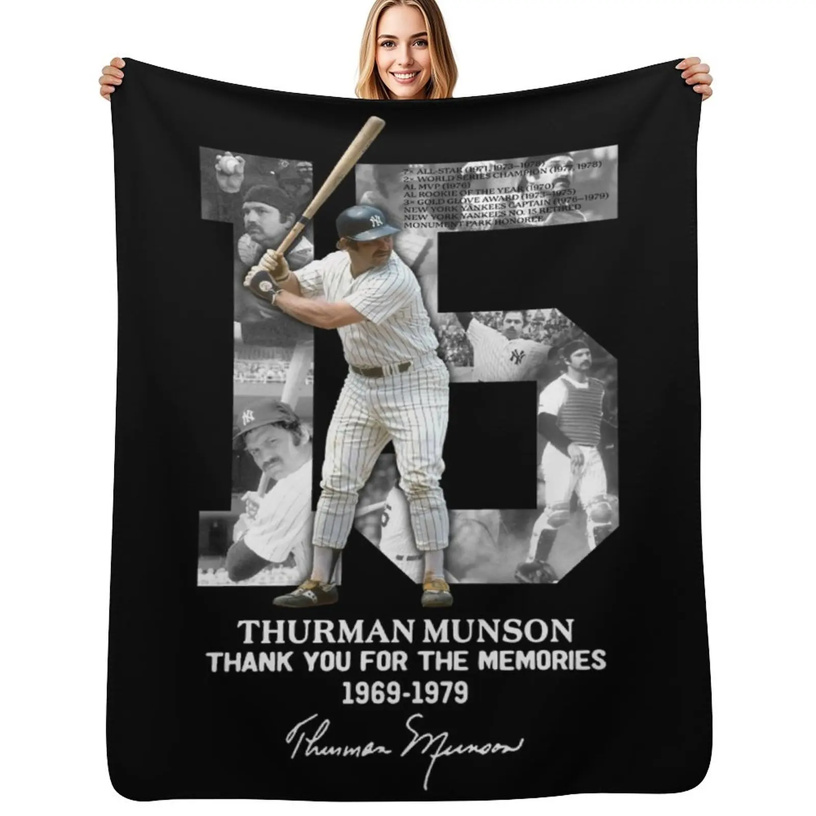 

Thurman Munson Thank You For The Memories 1969 1979 Signature Throw Blanket Luxury Brand Picnic Nap Plaid on the sofa Blankets
