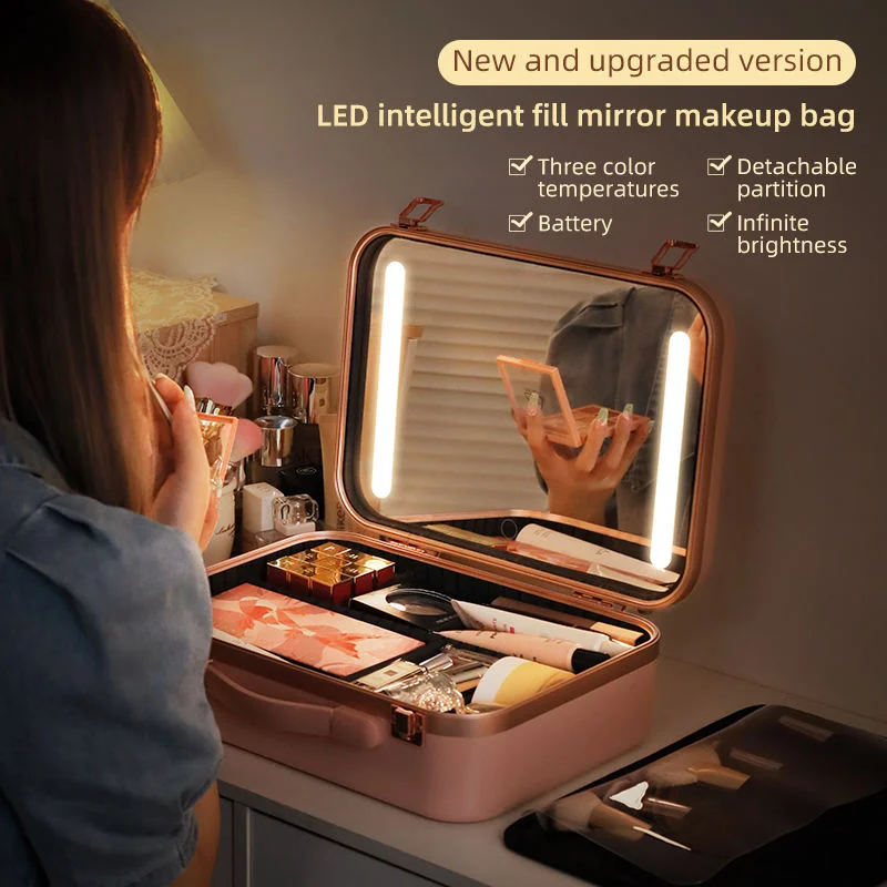 

Портативный косметический чехол большой емкости со светодиодной регулируемой подсветкой, зеркалом, профессиональный чехол для макияжа, дорожное хранилище для красоты