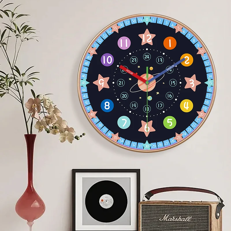 Kids Learning Wall Clock Space Planet Time Teaching Silent Analog Clock Colorful Number for Bedroom Nursery Classroom Playroom