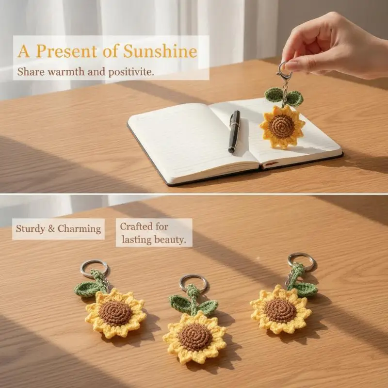 Handgefertigter Häkel-Sonnenblumen-Schlüsselanhänger mit grünem Blatt-Anhänger zur Rucksackdekoration, täglicher Gebrauch, Geschenk für Sonnenblumen-Fans – Detail 4